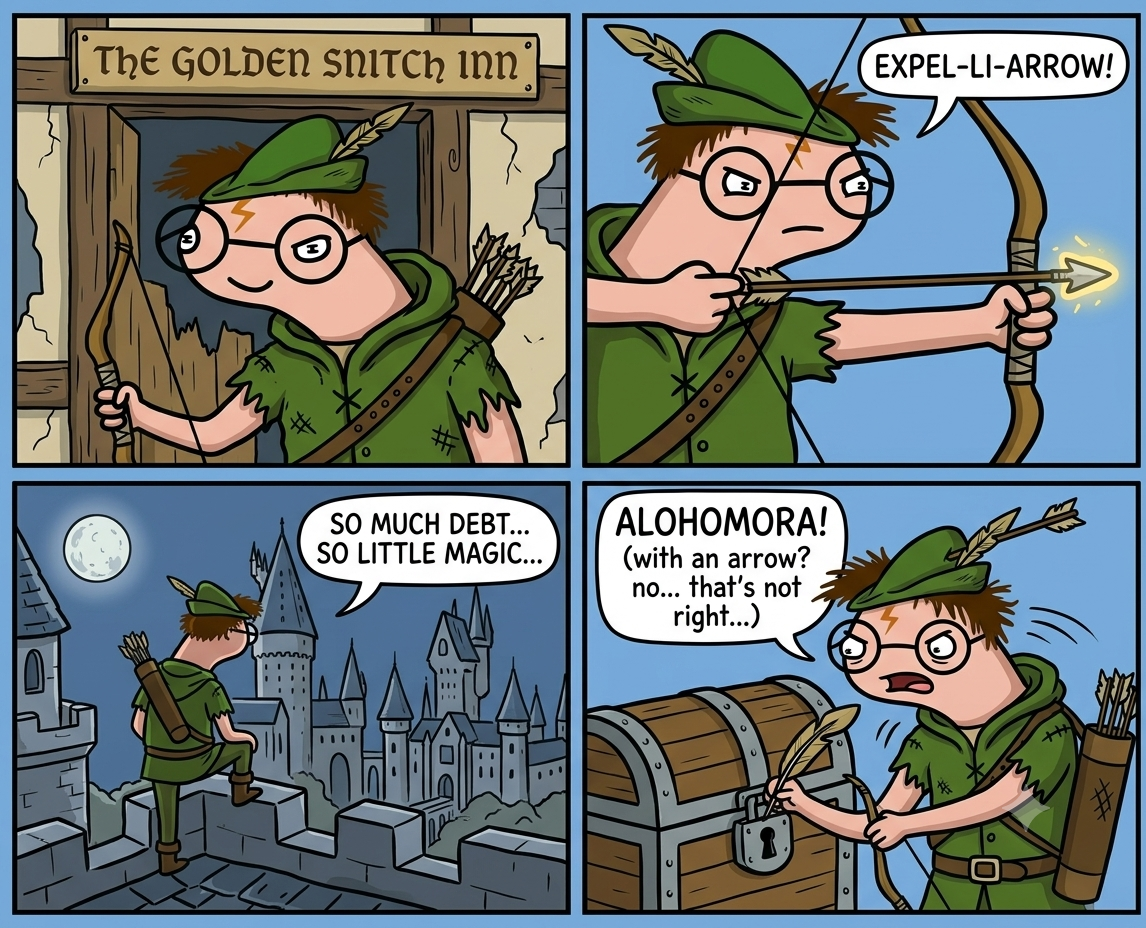 Hood Potter comic: The Golden Snitch Inn, Expel-li-arrow, so much debt so little magic, Alohomora with an arrow